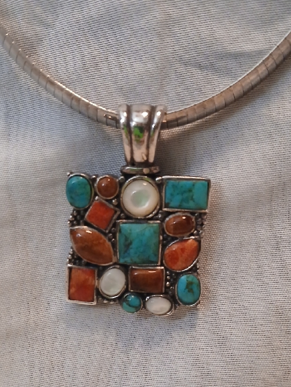 16"Peyote Bird Designs Mosaic Pendant & Italy 925 Omega Chain 1.6 Oz